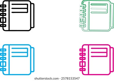 Minimalist notebook icons, colorful spiral-bound notebooks, simple line drawings, flat design, vector graphics, office supplies, school essentials, organizational tools, vibrant color palette, clean o