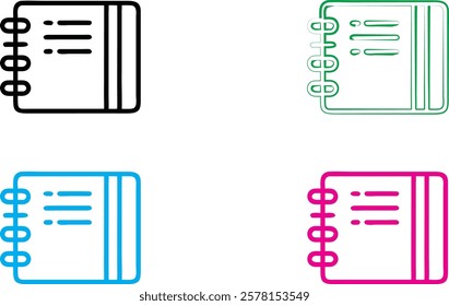 Minimalist notebook icons, colorful spiral-bound notebooks, simple line drawings, flat design, vector graphics, office supplies, school essentials, organizational tools, vibrant color palette, clean o