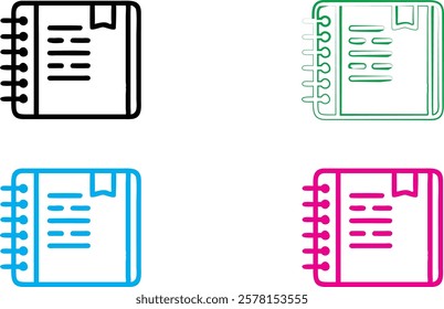 Minimalist notebook icons, colorful spiral-bound notebooks, simple line drawings, flat design, vector graphics, office supplies, school essentials, organizational tools, vibrant color palette, clean o