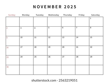 Minimalist November 2025 calendar design vector illustration. Perfect for planners, organizers, or scheduling purposes.