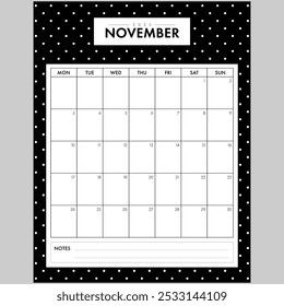 Minimalist November 2025 Calendar Month. Elegant Black and White Dotted Background month by month planner with writing space for organization. Part of a monthly year set.