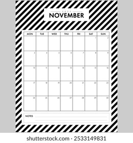 Minimalist November 2025 Calendar Month. Elegant Black and White Stripped Background month by month planner with writing space for organization. Part of a monthly year set.