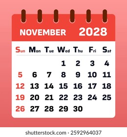 Minimalist November 2028 calendar with a polished and user-friendly layout. Designed for business professionals, students, and daily organizers
