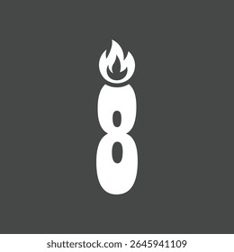 Minimalist Number Eight Candle Icon with Flame on Dark Background