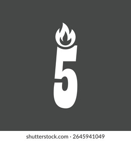 Minimalist Number Five Candle Icon with Flame on Dark Background