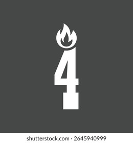 Minimalist Number Four Candle Icon with Flame on Dark Background
