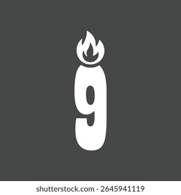 Minimalist Number Nine Candle Icon with Flame on Dark Background