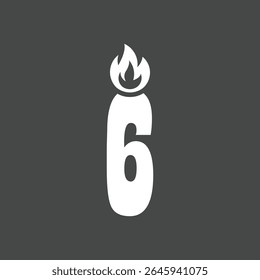 Minimalist Number Six Candle Icon with Flame on Dark Background
