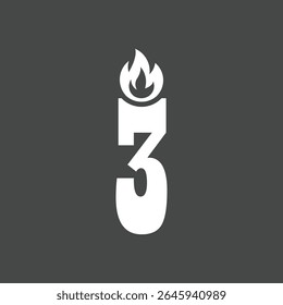 Minimalist Number Three Candle Icon with Flame on Dark Background