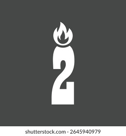 Minimalist Number Two Candle Icon with Flame on Dark Background