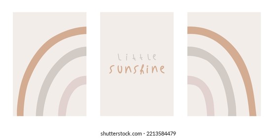 Minimalist nursery set of three children naive cute printable wall posters in warm pastel earth colors and tones. Decorative posters for printing, fabric, textile, children products