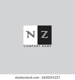 Logotipo minimalista da NZ com design preto e branco dividido. Iniciais de serifa elegantes, ideais para uso de marca de luxo, moda ou monograma pessoal.