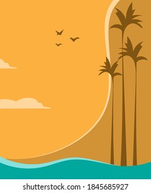 Minimalist ocean landscape, birds and palm trees on the background. Simple yellow color scheme.