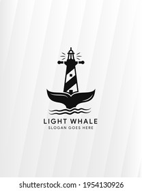 minimalist ocean logo combination between anchor, lighthouse, wave, and fine of whale use black and white colors.
