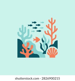 Minimalist ocean vector illustration featuring simple coral reef and fish