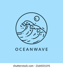 Minimalist ocean wave logo line art illustration template design with circle