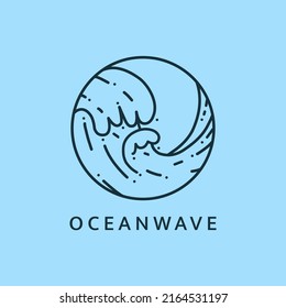 Minimalist ocean wave logo line art illustration template design with circle