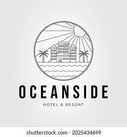 minimalist oceanside architecture or hotel building line art logo vector illustration design