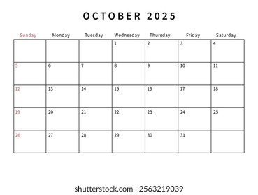 Minimalist October 2025 calendar design vector illustration. Perfect for planners, organizers, or scheduling purposes.