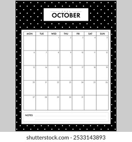 Minimalist October 2025 Calendar Month. Elegant Black and White Dotted Background month by month planner with writing space for organization. Part of a monthly year set.