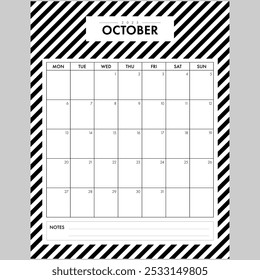 Minimalist October 2025 Calendar Month. Elegant Black and White Stripped Background month by month planner with writing space for organization. Part of a monthly year set.