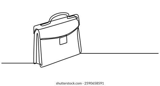 Minimalist Office bag continuous one lie art drawing illustration, Briefcase as one line continuous outline vector illustration. Line art business briefcase isolated on white background  in minimal. 