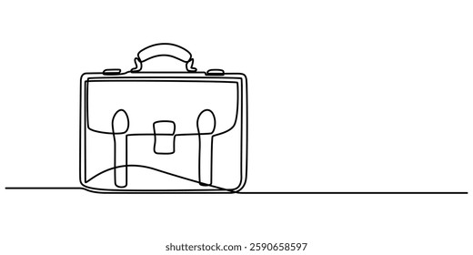 Minimalist Office bag continuous one lie art drawing illustration, Briefcase as one line continuous outline vector illustration. Line art business briefcase isolated on white background  in minimal. 