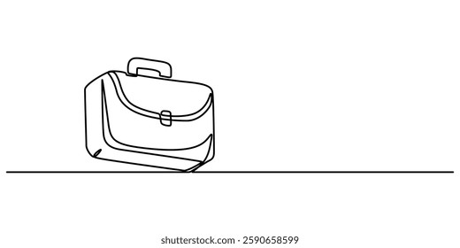 Minimalist Office bag continuous one lie art drawing illustration, Briefcase as one line continuous outline vector illustration. Line art business briefcase isolated on white background  in minimal. 