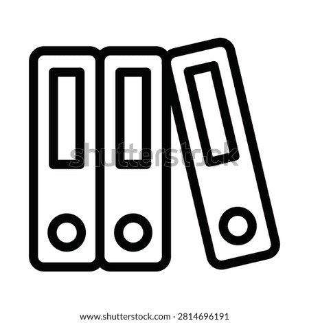 Minimalist office binders outline icon. Vector illustration of three archive folders or ring binders standing on a shelf for document organization. Perfect for bookkeeping, paper archiving, corporate tax records, file management systems, database storage, and office supply concepts. Clean editable stroke design.