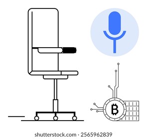 A minimalist office chair, a blue microphone symbol, and a digital Bitcoin icon connected to circuits. Ideal for podcasts, technology discussions, business, cryptocurrency, and modern office design