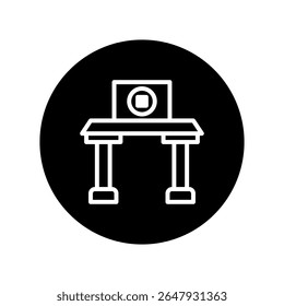 Minimalist office desk with computer monitor icon representing modern workspace and digital equipment used