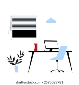 Minimalist Office Interior With Computer, Desk, And Chair In Flat Vector Illustration Symbolizing Modern Workplace, Organization, And Productivity, Isolated On White Background