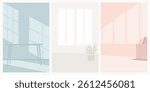 Minimalist office interior flat vector in light pastel colors. Open compositions and very few silhouette elements - window, desk, plant. Ideal for use as portrait backgrounds or subtle design layers.