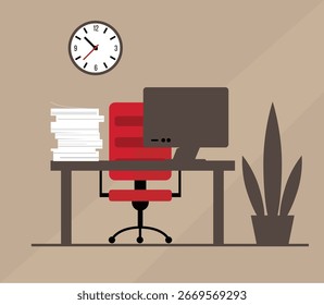 Interior minimalista de la sala de oficina con mesa, silla de computadora y papeleo. Arte vectorial de diseño de edificios y espacios de trabajo