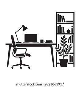 Minimalist office workspace icon featuring desk chair and bookshelf workspace bookshelf furniture business interior computer corporate professional management silhouette minimalist