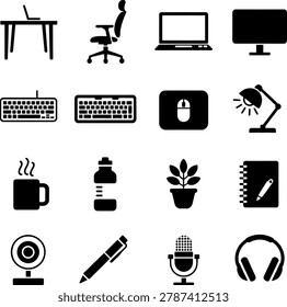 Minimalist office workspace icons featuring essential equipment and accessories for productivity and comfort