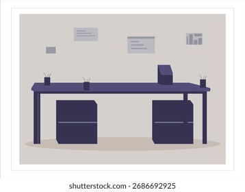 Minimalist office workspace vector with empty meeting table, copy space, and corporate background, ideal for business and presentation use.