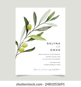 Plantilla de invitación de Boda de rama de olivo minimalista, invitación de Boda de verdor