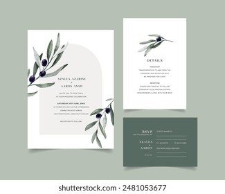 Minimalist Olive Green Branch Wedding invitation with detail and RSVP, Modern Wedding Invite Template