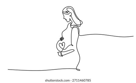 Minimalista una línea continua de arte de la maternidad. Una mujer embarazada sostiene su vientre, el concepto de Ilustración vectorial de la maternidad, el cuidado prenatal y una nueva vida.