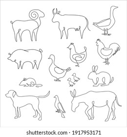 Minimalist One Line Animals Set. Farm animals one line hand drawing continuous, Vector Illustration. Single line drawing of cow, chicken, duck, goose, pig, ram, donkey, rabbit, birds, rat, mouse, cock