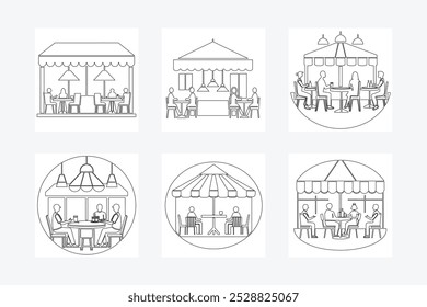 Minimalist One Line Art: Cafe and Dining Scenes on White Background - Elegant Line Drawing Illustration