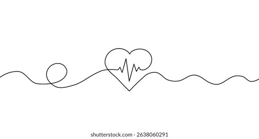 Minimalist one line art of a heart with heartbeat pulse, symbolizing love, health, and medical care.