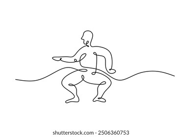 Minimalist one line art of a man performing a dance move. Breakdancing concept on a white background.