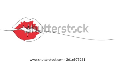 Minimalist one line art of red lips in kiss shape, symbolizing passion, beauty, romance, and modern abstract design.
