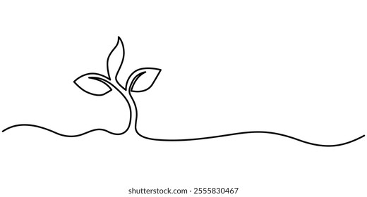 Minimalist one line art of a sprout growing from the ground, symbolizing nature, growth, and new beginnings, Growing plant continuous line drawing one hand drawn minimalist design, New Beginnings.