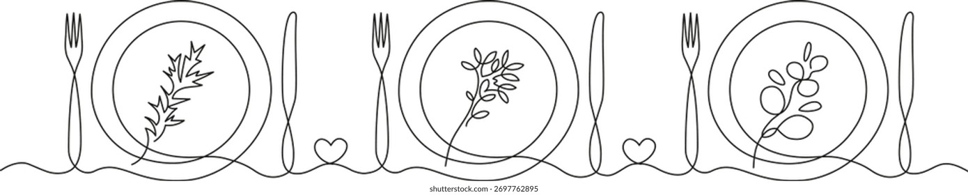 Minimalist one line art of table setting with plate, fork, knife, small heart, and botanical decoration. Elegant continuous line illustration for eco or wedding design