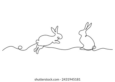 Minimalist one line art of two rabbits. Dynamic and still pose. Vector illustration. EPS 10.