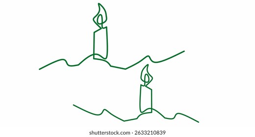 Minimalist one line art of two burning candles on an abstract hill, drawn in warm green. A simple and elegant design that symbolizes peace, reflection, warmth, or celebration.