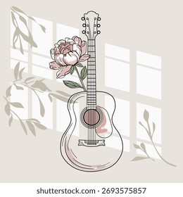 Minimalistischer einzeiliger Kunstvektor mit Gitarre und Rose auf sonnenbeschienenem Wandhintergrund mit grünen Blättern. Weiche Pastelltöne und nackte Aquarellflecken schaffen eine romantische Boho-Skizzenästhetik.